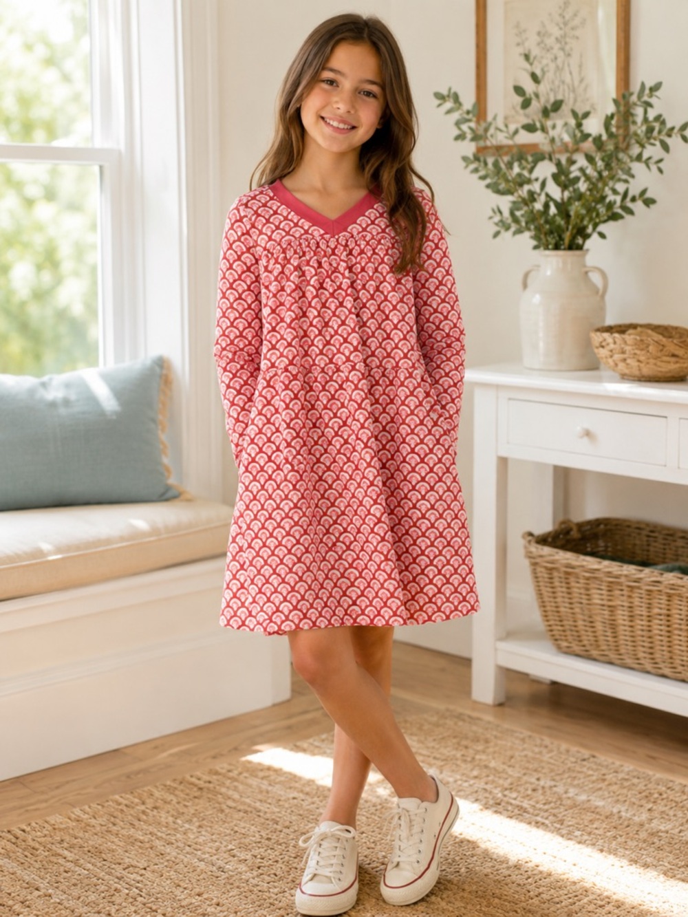 Tea Collection Nami Trapeze Dress Coral White Scallop Wave Girls 12 Cotton